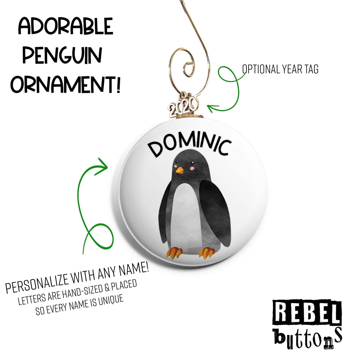 Personalized Penguin Ornament - REBEL BUTTONS
